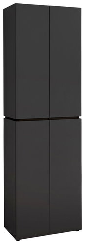 Schwarzer Garderobenschrank mit vier Türen, frontal betrachtet.