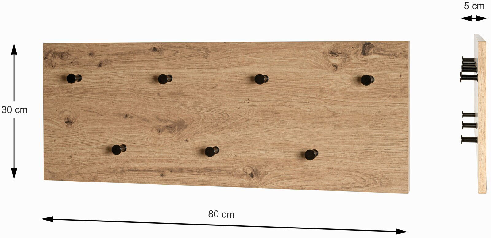 Wandgarderobe aus Holz mit schwarzem Haken, 80 cm breit, 30 cm hoch, seitliche und frontale Ansicht