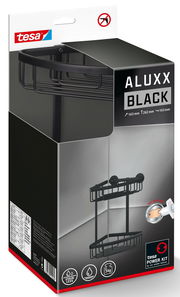 Schwarzer Eckduschkorb von tesa ALUXX, perspektivisch von vorne gezeigt, mit zwei Ablageflächen und ohne Bohren montierbar.