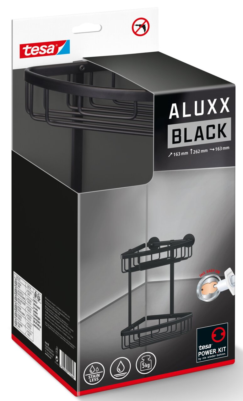 Schwarzer Eckduschkorb von tesa ALUXX, perspektivisch von vorne gezeigt, mit zwei Ablageflächen und ohne Bohren montierbar.