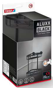 Schwarzer Eckduschkorb von tesa ALUXX, perspektivisch von vorne gezeigt, mit zwei Ablageflächen und ohne Bohren montierbar.
