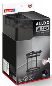 Schwarzer Eckduschkorb von tesa ALUXX, perspektivisch von vorne gezeigt, mit zwei Ablageflächen und ohne Bohren montierbar.