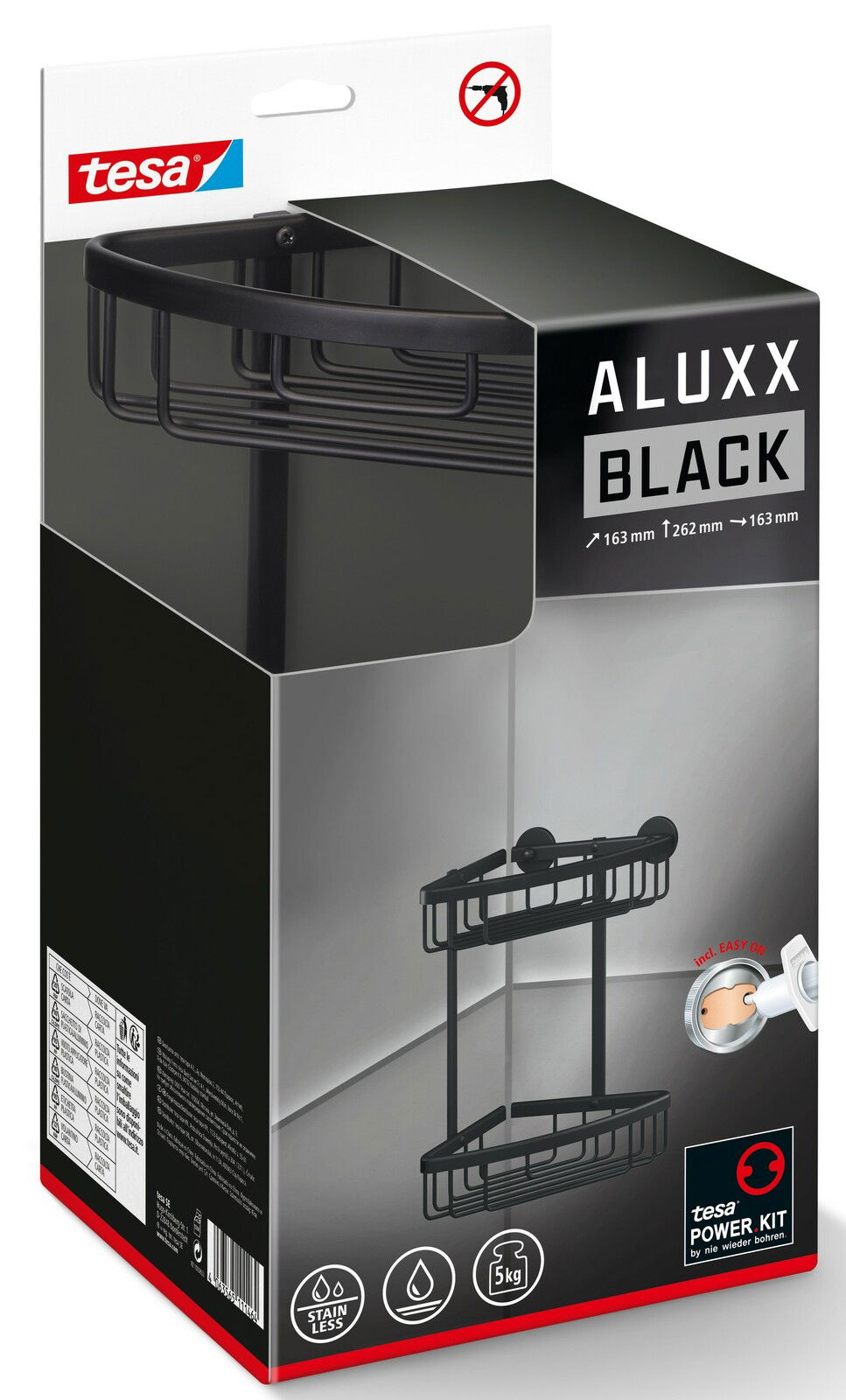 Schwarzer Eckduschkorb von tesa ALUXX, perspektivisch von vorne gezeigt, mit zwei Ablageflächen und ohne Bohren montierbar.