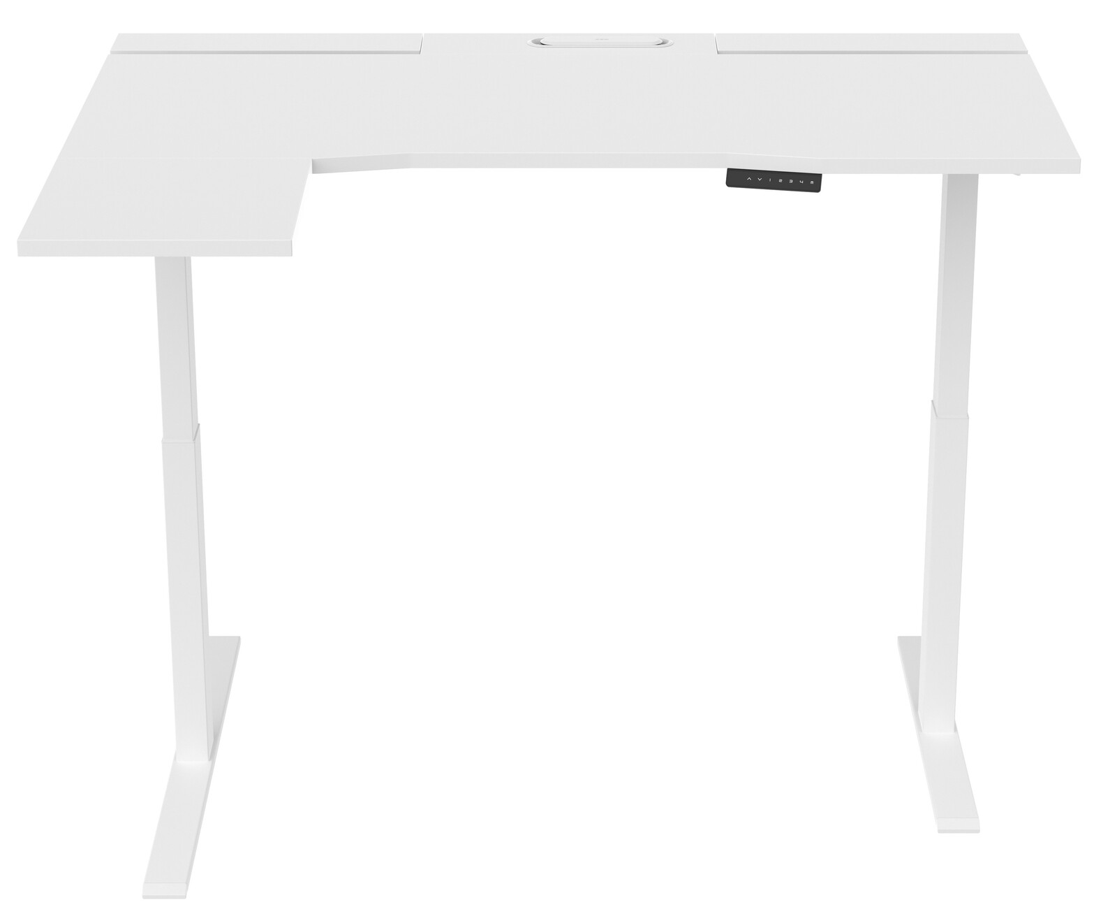 Weißer E-Schreibtisch Cantus CLAYTON in L-Form, frontal betrachtet