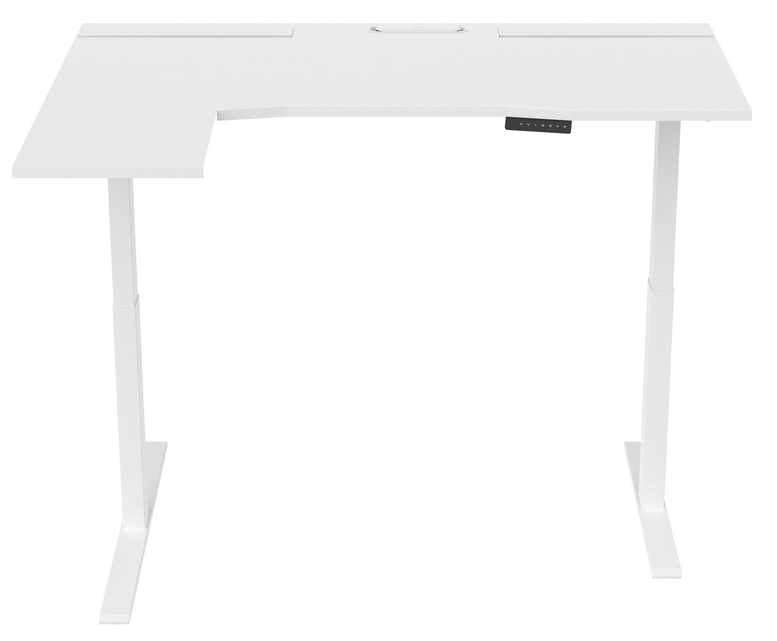 Weißer E-Schreibtisch Cantus CLAYTON in L-Form, frontal betrachtet
