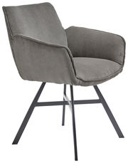 Grauer Armlehnstuhl mit geripptem Stoffbezug und schwarzem Metallgestell, seitliche Perspektive