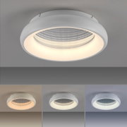 Runde, weiße LED-Deckenleuchte in Nahaufnahme von unten (Untersicht), eingeschaltet mit warmweißem Licht und sichtbarer LED-Struktur; unten drei Vergleichsansichten mit warmweiß, neutralweiß und kaltweiß.