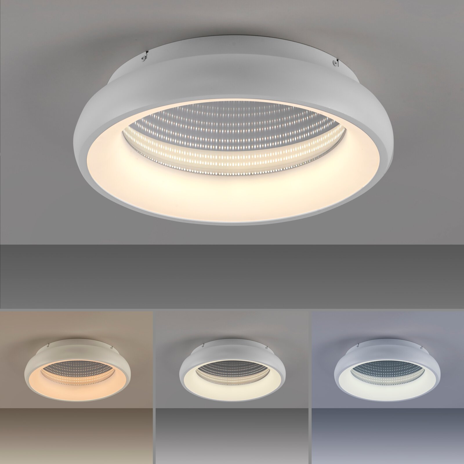 Runde, weiße LED-Deckenleuchte in Nahaufnahme von unten (Untersicht), eingeschaltet mit warmweißem Licht und sichtbarer LED-Struktur; unten drei Vergleichsansichten mit warmweiß, neutralweiß und kaltweiß.