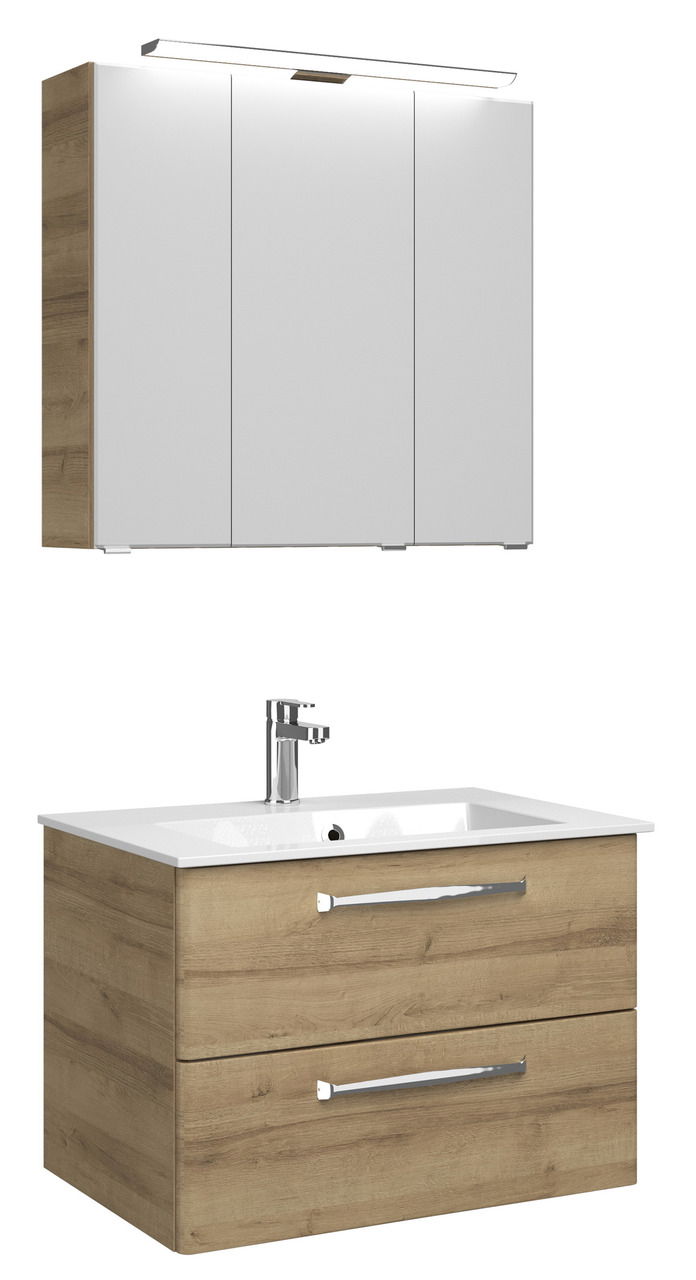 Moderner Badblock mit Holzoptik und weißem Waschbecken, Frontansicht