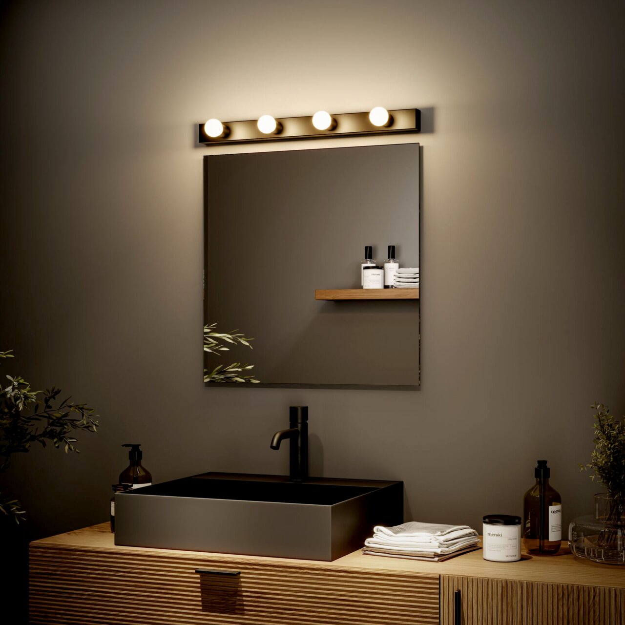 LED-lampen in een moderne badkamer, recht boven een spiegel gemonteerd, met warm licht voor een gezellige sfeer.