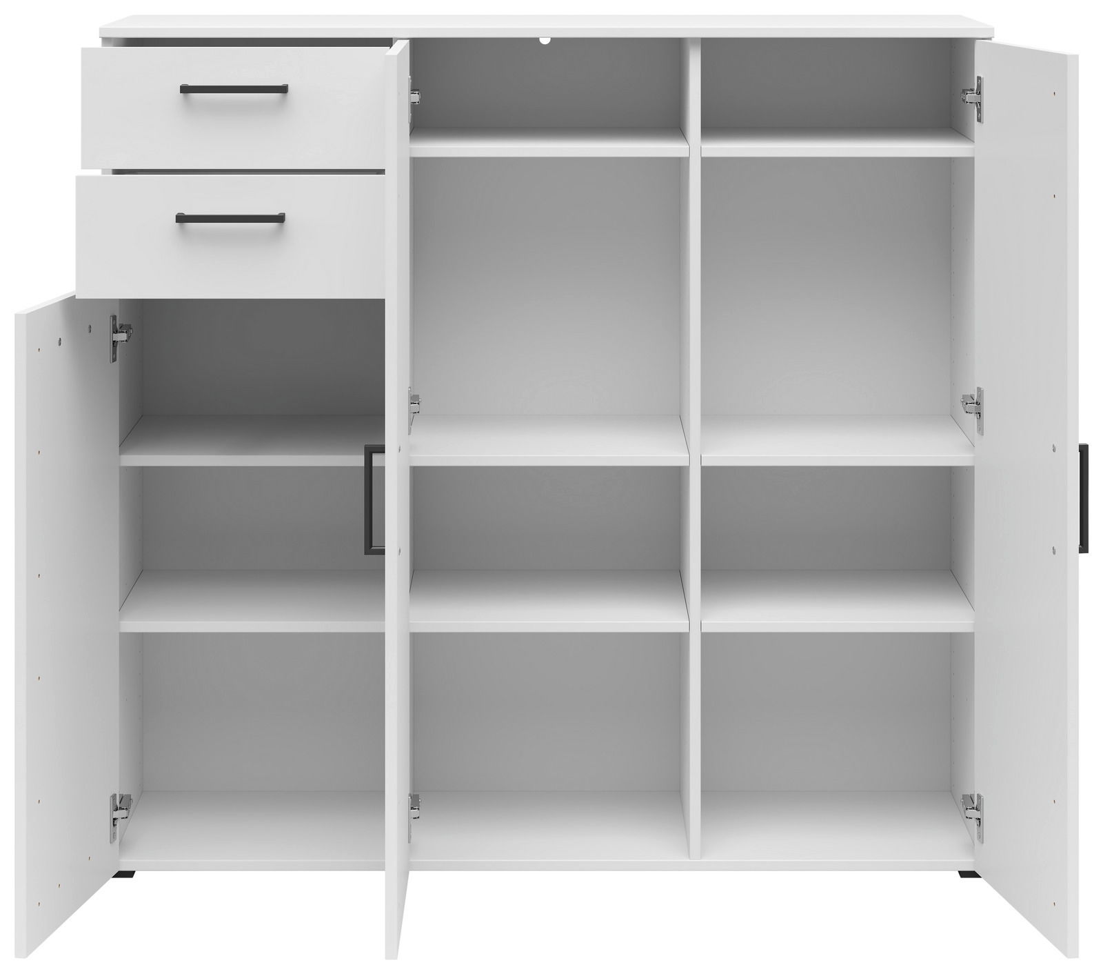 Weiße Kommode mit mehreren offenen Türen und Schubladen, frontal betrachtet, zeigt viel Stauraum mit Regalfächern.