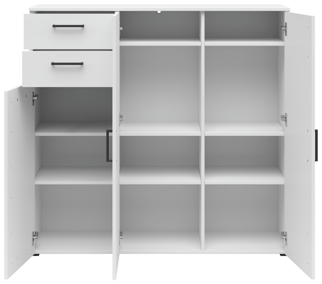 Weiße Kommode mit mehreren offenen Türen und Schubladen, frontal betrachtet, zeigt viel Stauraum mit Regalfächern.