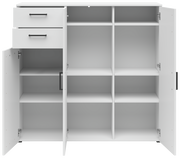 Weiße Kommode mit mehreren offenen Türen und Schubladen, frontal betrachtet, zeigt viel Stauraum mit Regalfächern.