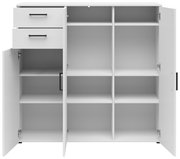 Weiße Kommode mit mehreren offenen Türen und Schubladen, frontal betrachtet, zeigt viel Stauraum mit Regalfächern.