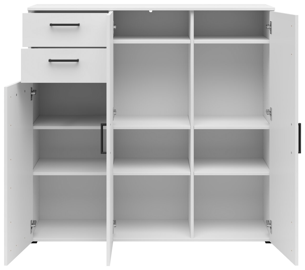 Weiße Kommode mit mehreren offenen Türen und Schubladen, frontal betrachtet, zeigt viel Stauraum mit Regalfächern.