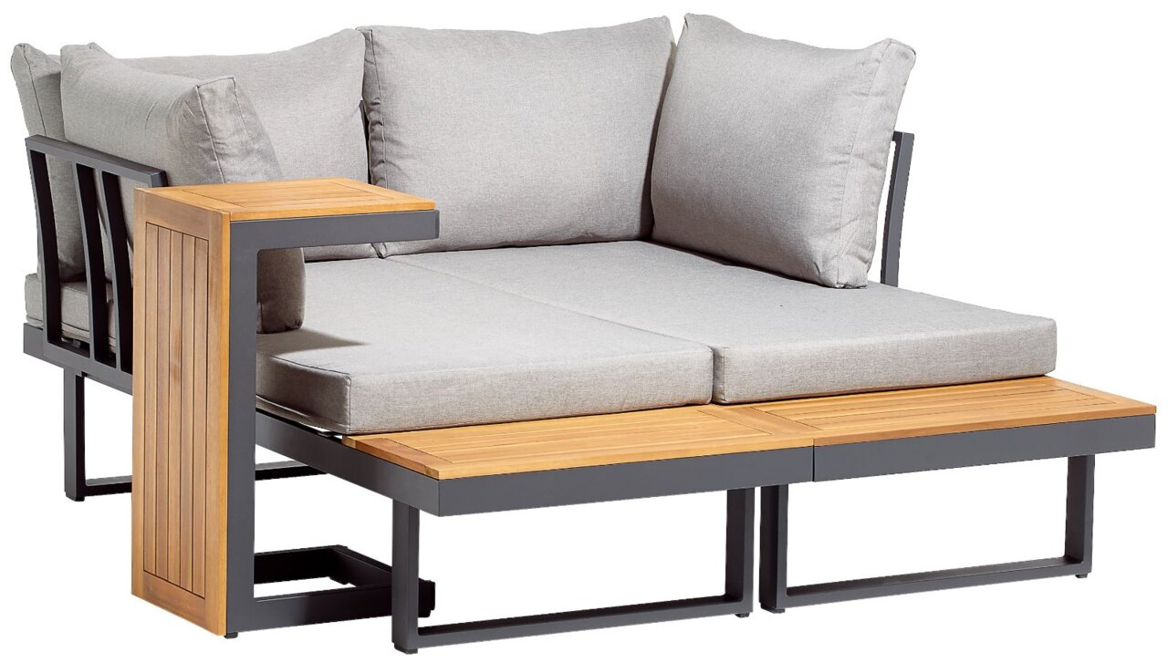 Amatio Tuinlounge GALICIA Gartenlounge mit grauen Kissen und Holzdetails, seitliche Perspektive