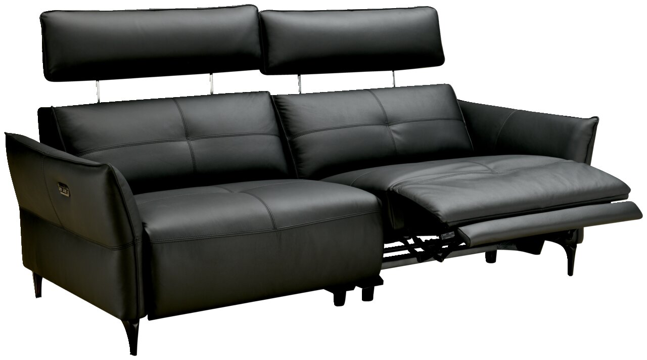 Schwarze Polstergarnitur mit verstellbaren Kopfstützen und ausgeklapptem Fußteil, seitliche Perspektive