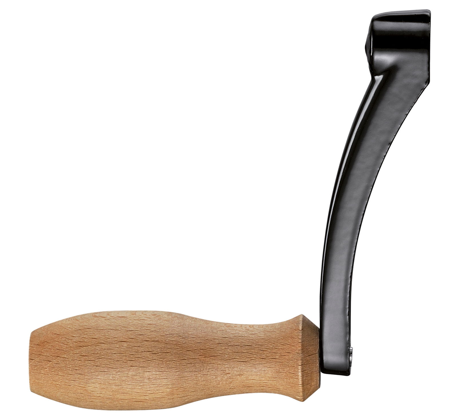 Seitliche Ansicht eines schwarzen Trommelreibe-Griffs mit Holzgriff.