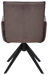 Rückansicht eines Armlehnstuhls mit geripptem Stoffbezug und schwarzem Metallgestell.