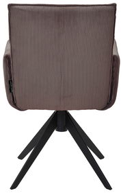 Rückansicht eines Armlehnstuhls mit geripptem Stoffbezug und schwarzem Metallgestell.