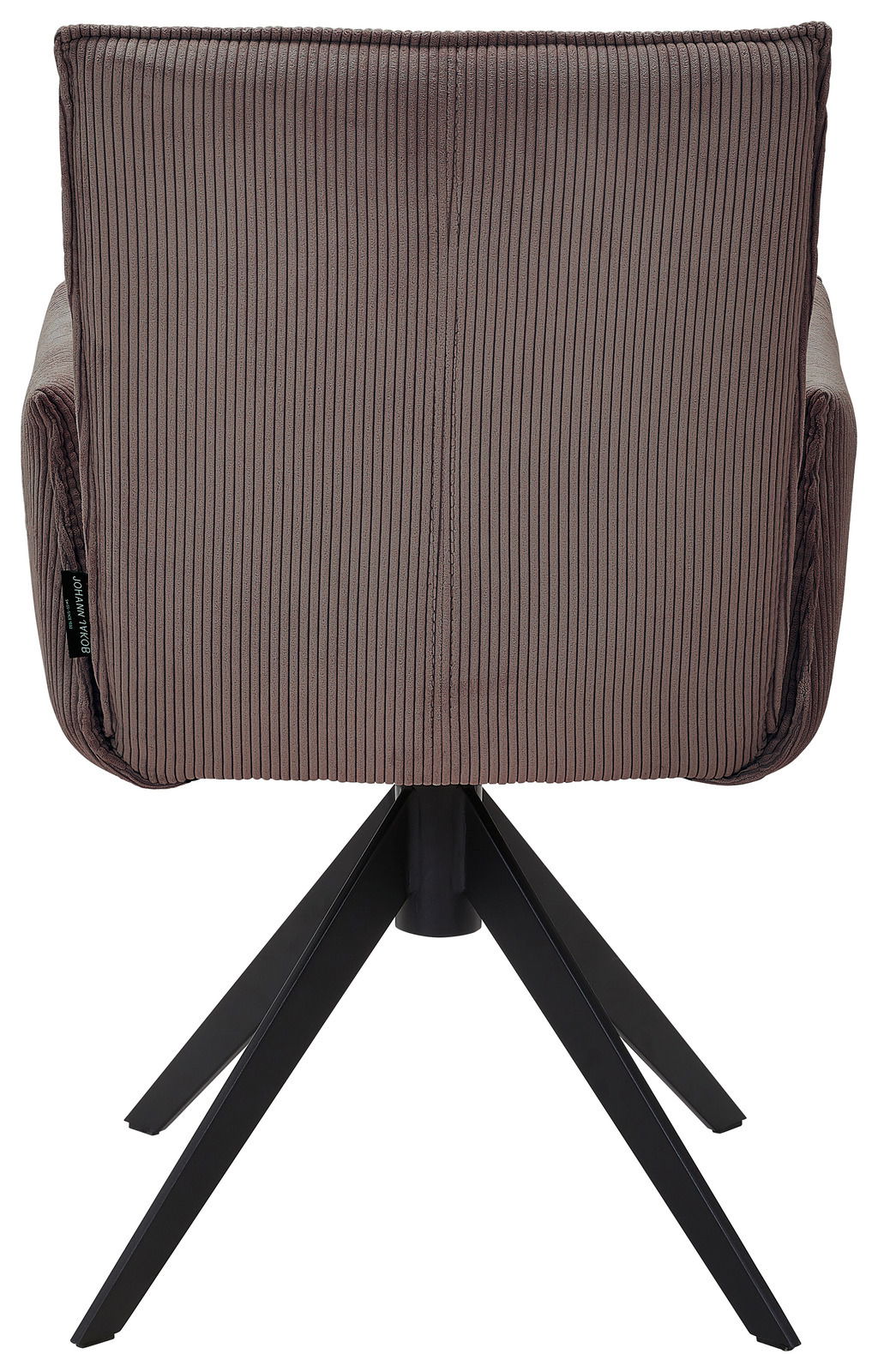 Johann Jakob Armlehnstuhl CALAS Rückansicht eines Armlehnstuhls mit geripptem Stoffbezug und schwarzem Metallgestell.