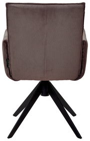 Rückansicht eines Armlehnstuhls mit geripptem Stoffbezug und schwarzem Metallgestell.