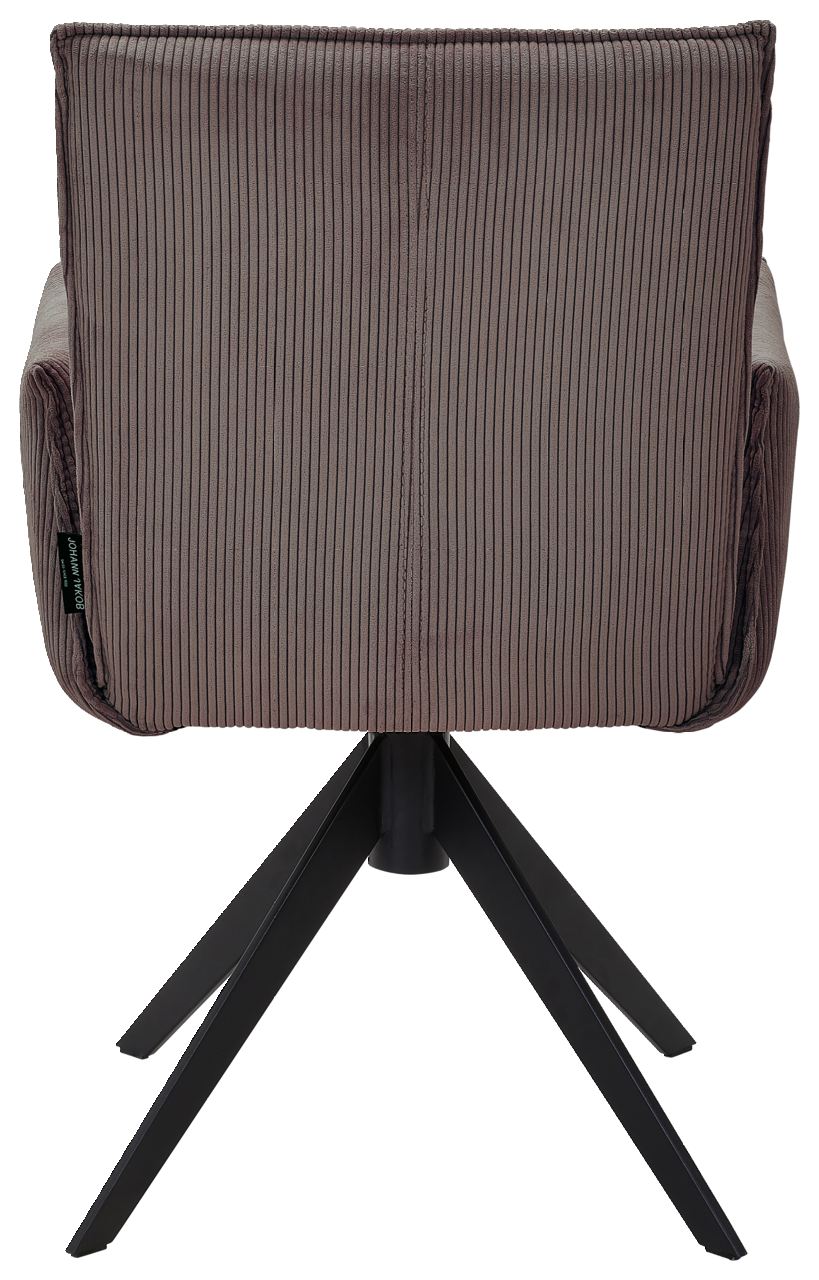 Johann Jakob Armlehnstuhl CALAS Rückansicht eines Armlehnstuhls mit geripptem Stoffbezug und schwarzem Metallgestell.