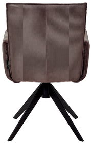 Rückansicht eines Armlehnstuhls mit geripptem Stoffbezug und schwarzem Metallgestell.