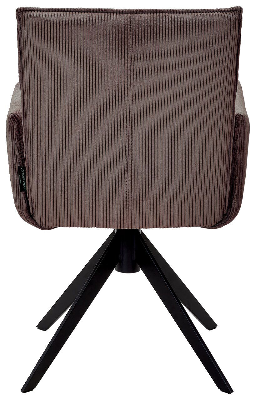 Rückansicht eines Armlehnstuhls mit geripptem Stoffbezug und schwarzem Metallgestell.