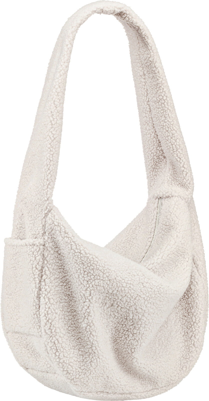 Cremeweiße Teddy-Fell-Umhängetasche mit breitem Schulterriemen und Reißverschlussdetail, Frontansicht freigestellt auf weißem Hintergrund