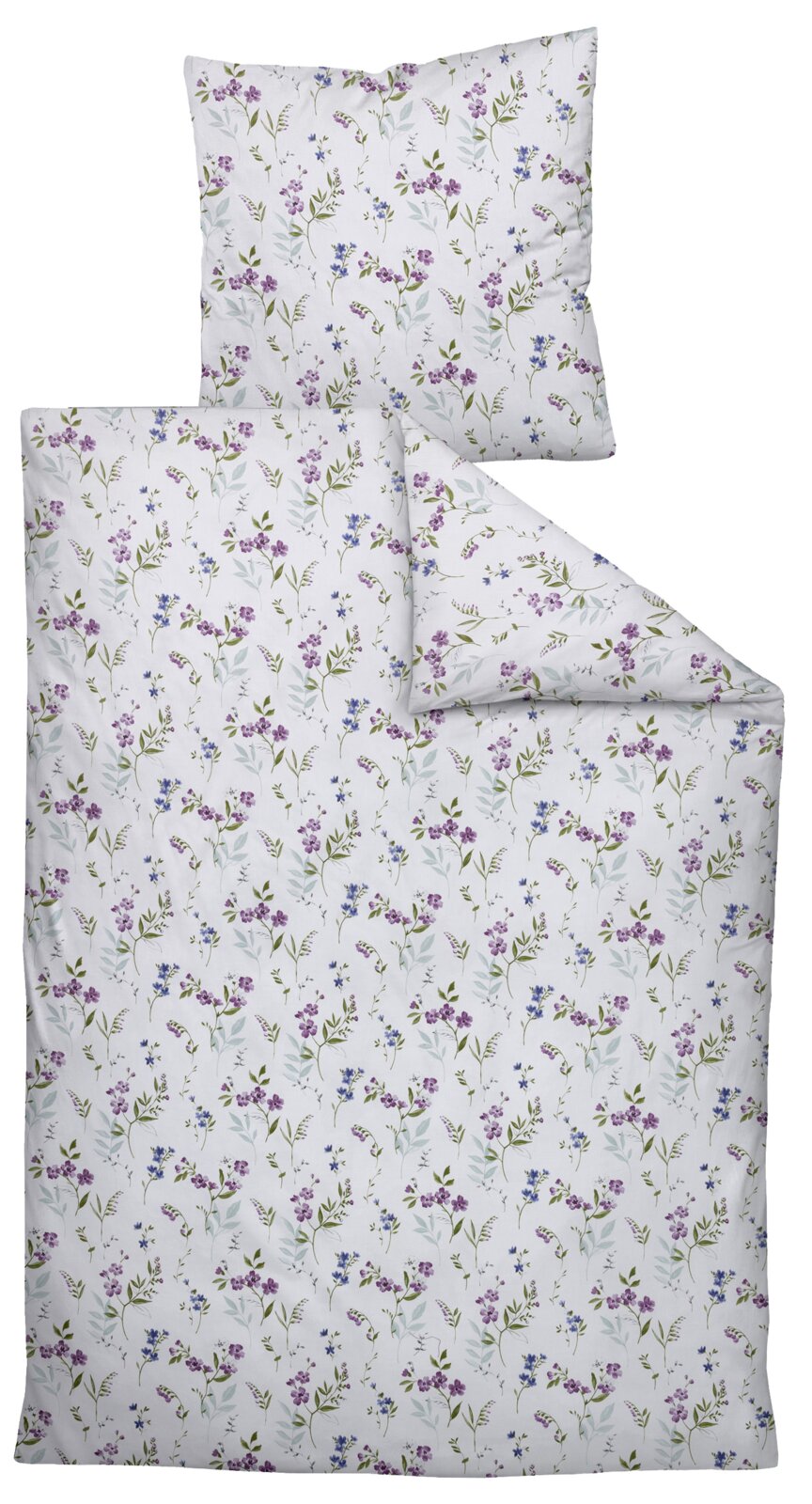 Janine Mako-Satin Bettwäsche 135/200cm PALERMO Bettwäsche-Set mit weißem Grund und zartem Blumenmuster in Lila, Blau und Grün, bestehend aus Bettbezug und Kissenbezug, in Frontansicht von oben (Flatlay) dargestellt