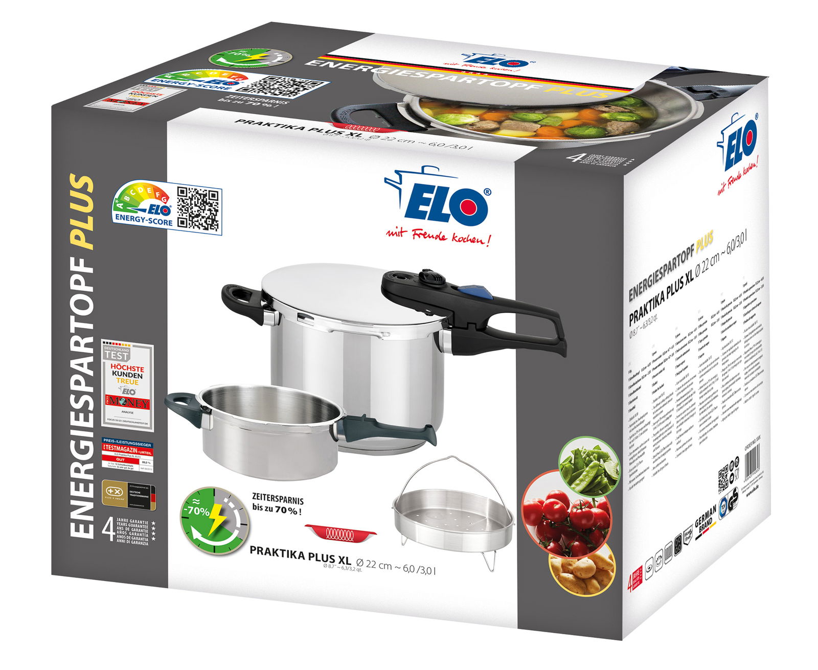 Verpackung des Schnellkochtopf-Sets Praktika Plus XL mit abgebildetem Topf und Einsatz, seitliche Perspektive