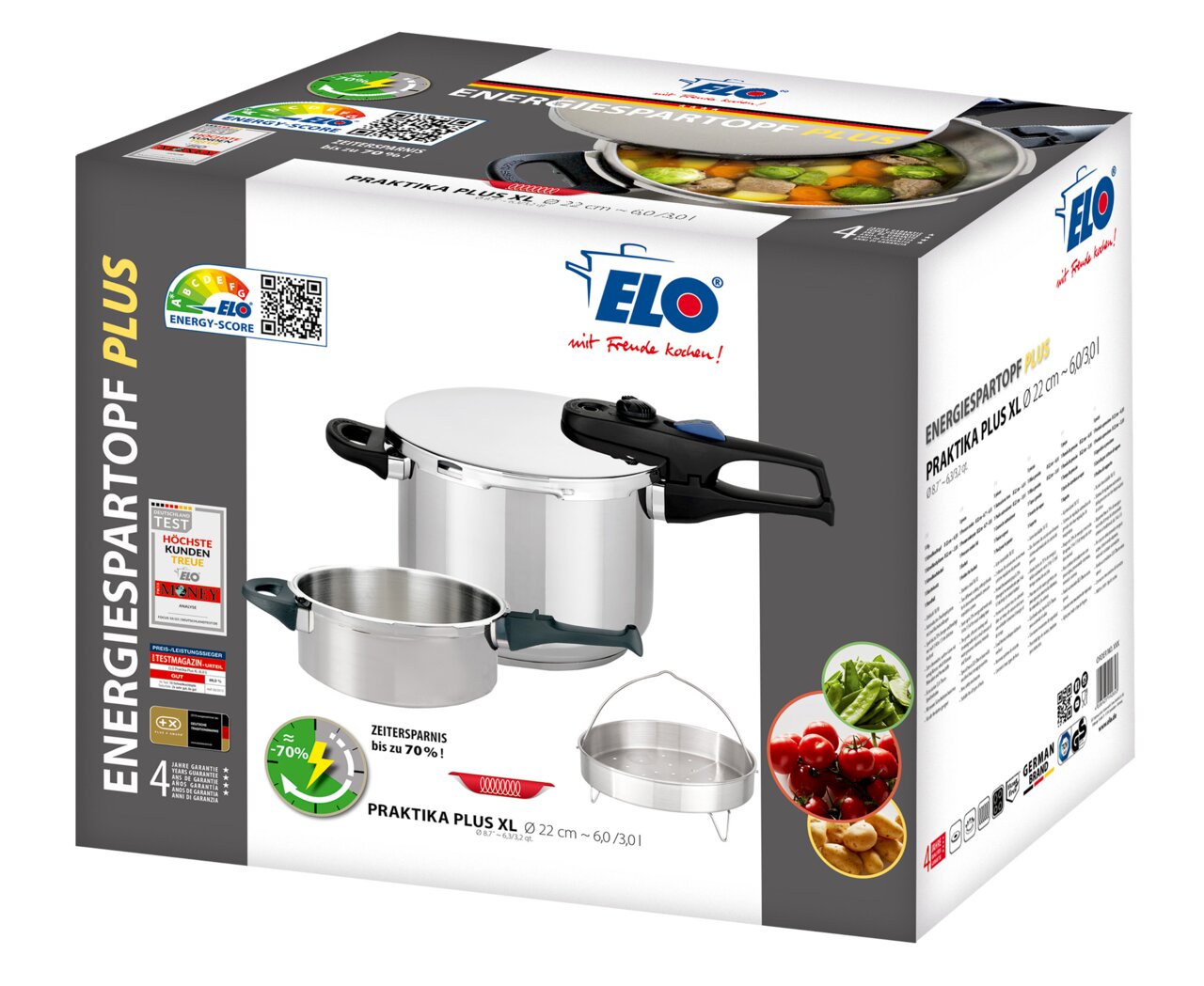 Verpackung des Schnellkochtopf-Sets Praktika Plus XL mit abgebildetem Topf und Einsatz, seitliche Perspektive