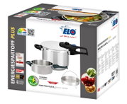 Verpakking van de snelkookpan-set Praktika Plus XL met afbeelding van de pan en het inzetstuk, zijaanzicht