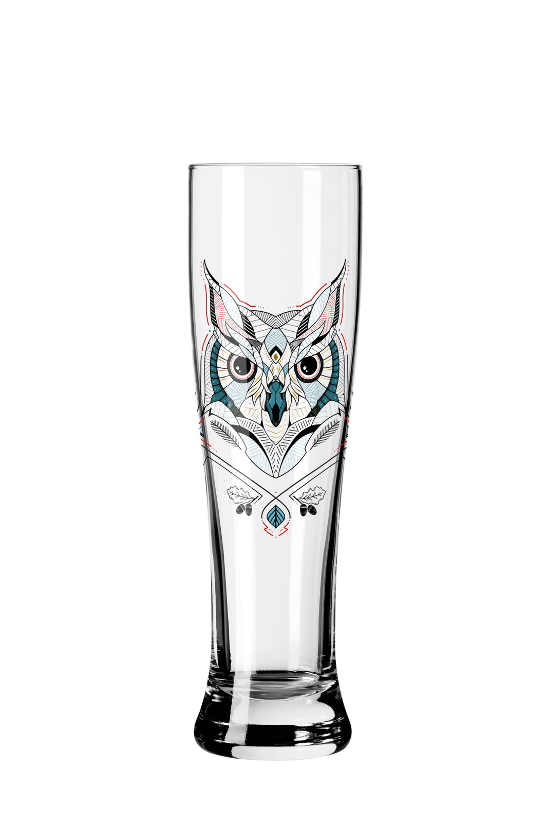 Weizenglas mit Eulenmotiv, frontal fotografiert