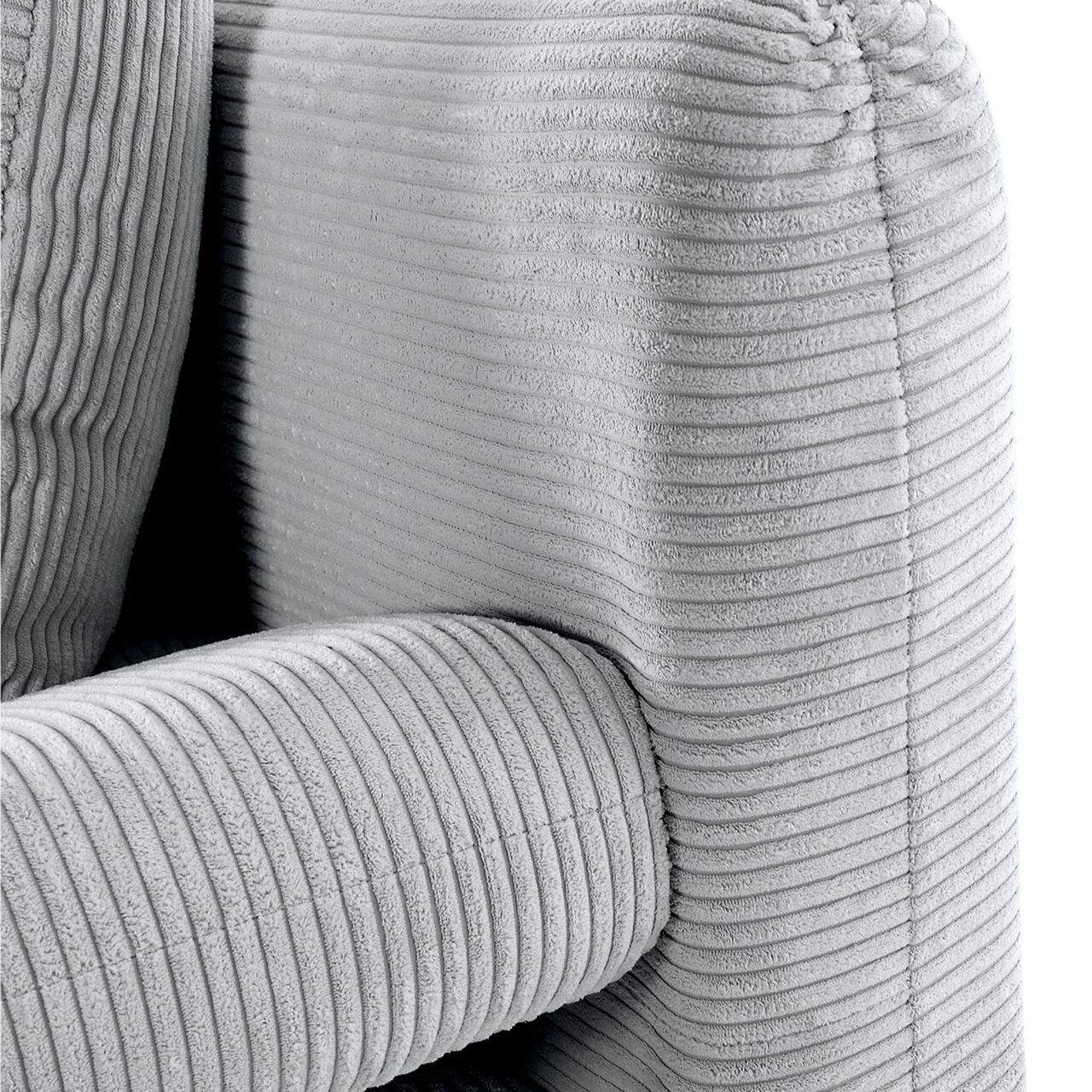 Close-up van een grijze functionele bank met geribbelde stoffen bekleding, gezien vanaf de zijkant
