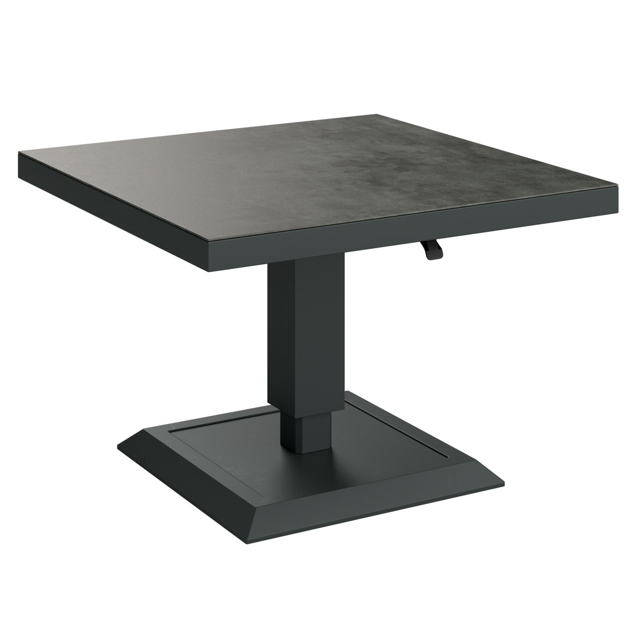Ambia Garden Tisch CALIDA Moderner quadratischer Tisch mit dunkler Oberfläche und stabilem Mittelfuß, seitliche Perspektive