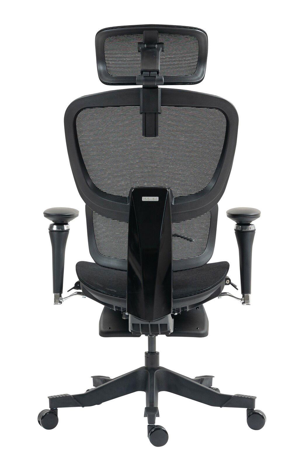 Rückansicht eines modernen Drehstuhls mit Netzrückenlehne und verstellbarer Kopfstütze, Modell DOMINIC.