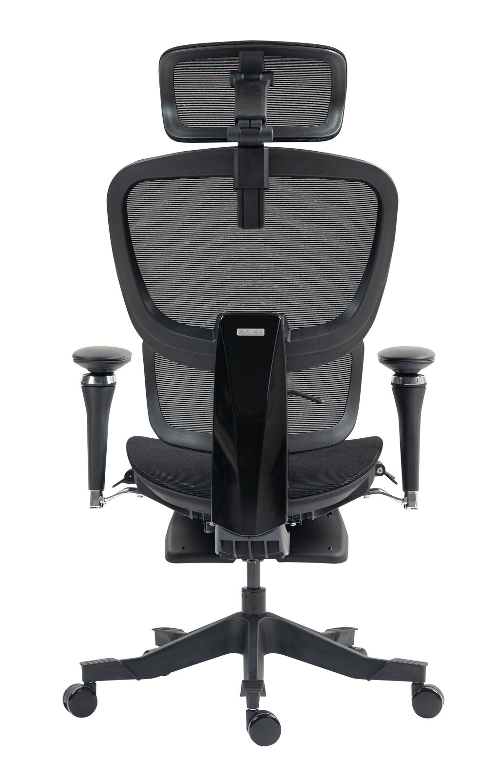 Rückansicht eines modernen Drehstuhls mit Netzrückenlehne und verstellbarer Kopfstütze, Modell DOMINIC.