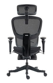 Rückansicht eines modernen Drehstuhls mit Netzrückenlehne und verstellbarer Kopfstütze, Modell DOMINIC.