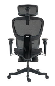 Rückansicht eines modernen Drehstuhls mit Netzrückenlehne und verstellbarer Kopfstütze, Modell DOMINIC.