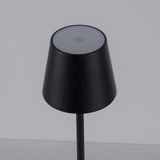 Schwarze Akku-Tischleuchte EURIA, Ansicht von oben mit sichtbarem Ein-/Ausschalter auf der Oberseite.