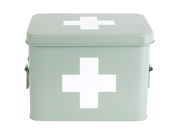 Graue Aufbewahrungsbox mit weißem Kreuz, frontal fotografiert