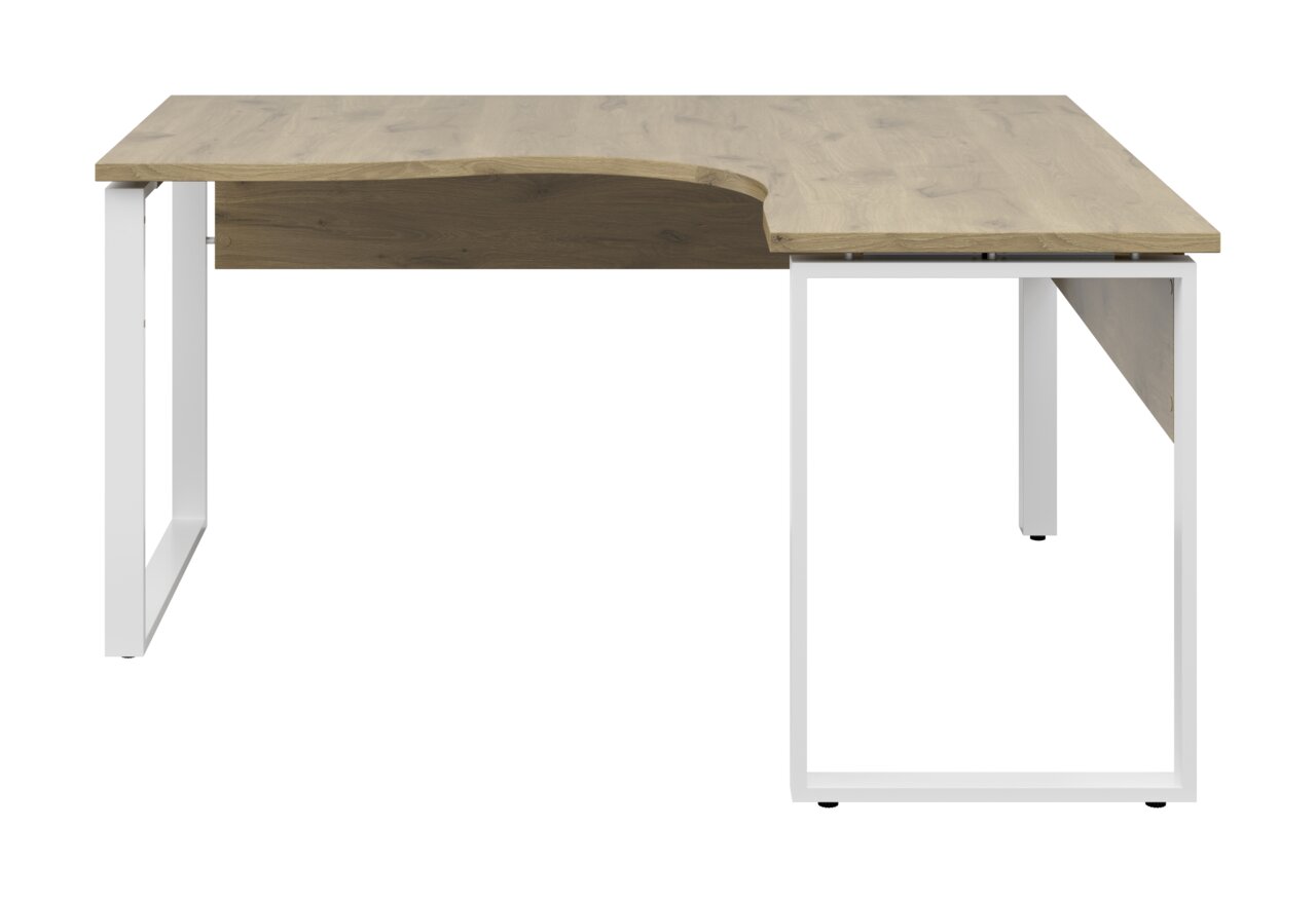 Modern hoekbureau met houten blad en wit metalen onderstel, gezien van voren.