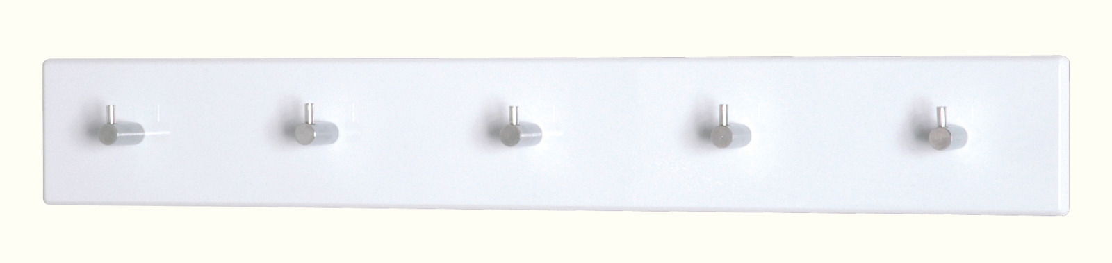 Weiße Garderobenleiste mit fünf silbernen Haken, frontal abgebildet.