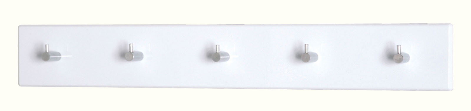 Weiße Garderobenleiste mit fünf silbernen Haken, frontal abgebildet.