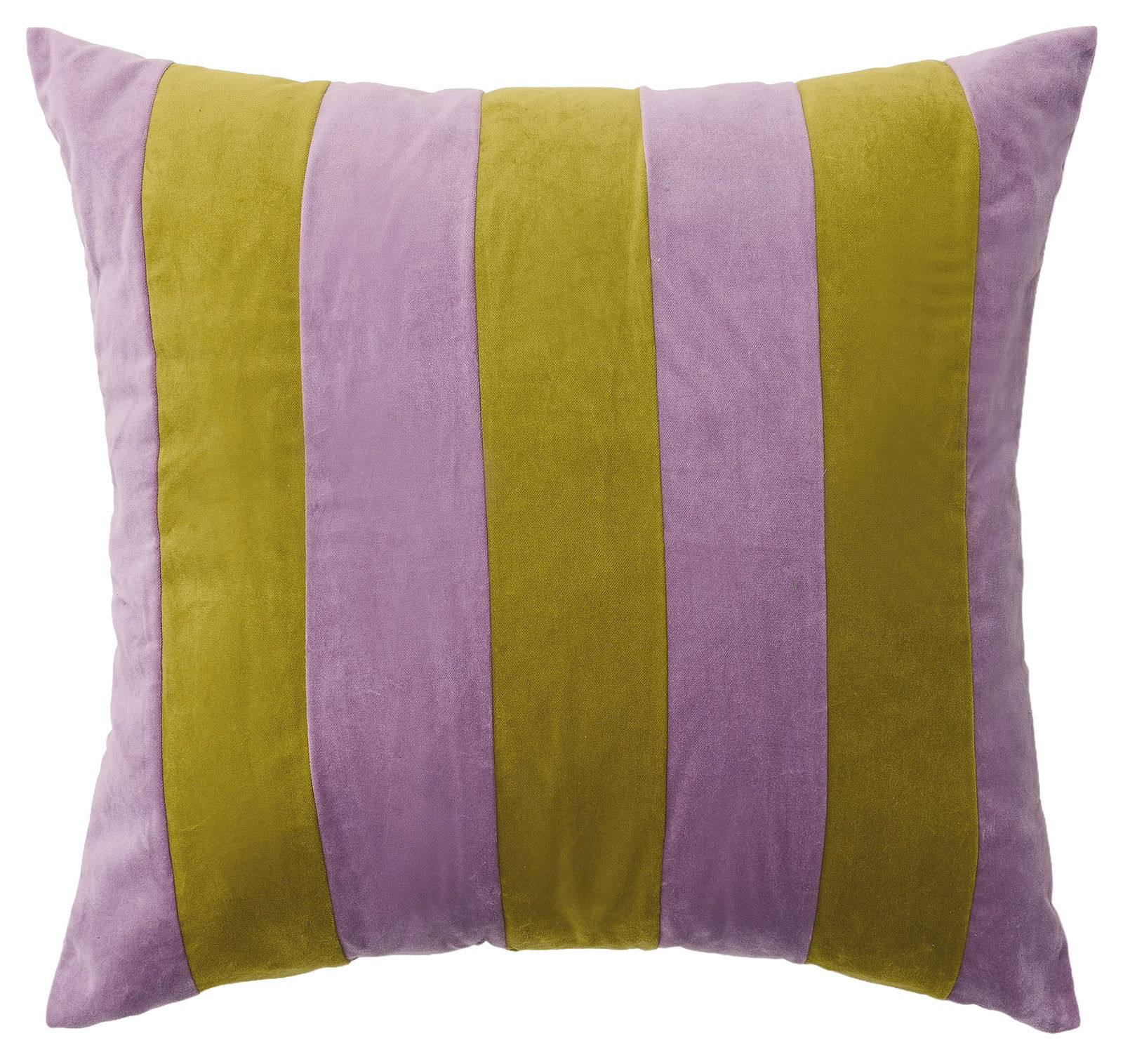 Dekokissen 50x50cm mit abwechselnden vertikalen Streifen in Lila und Olivgrün, Vorderansicht
