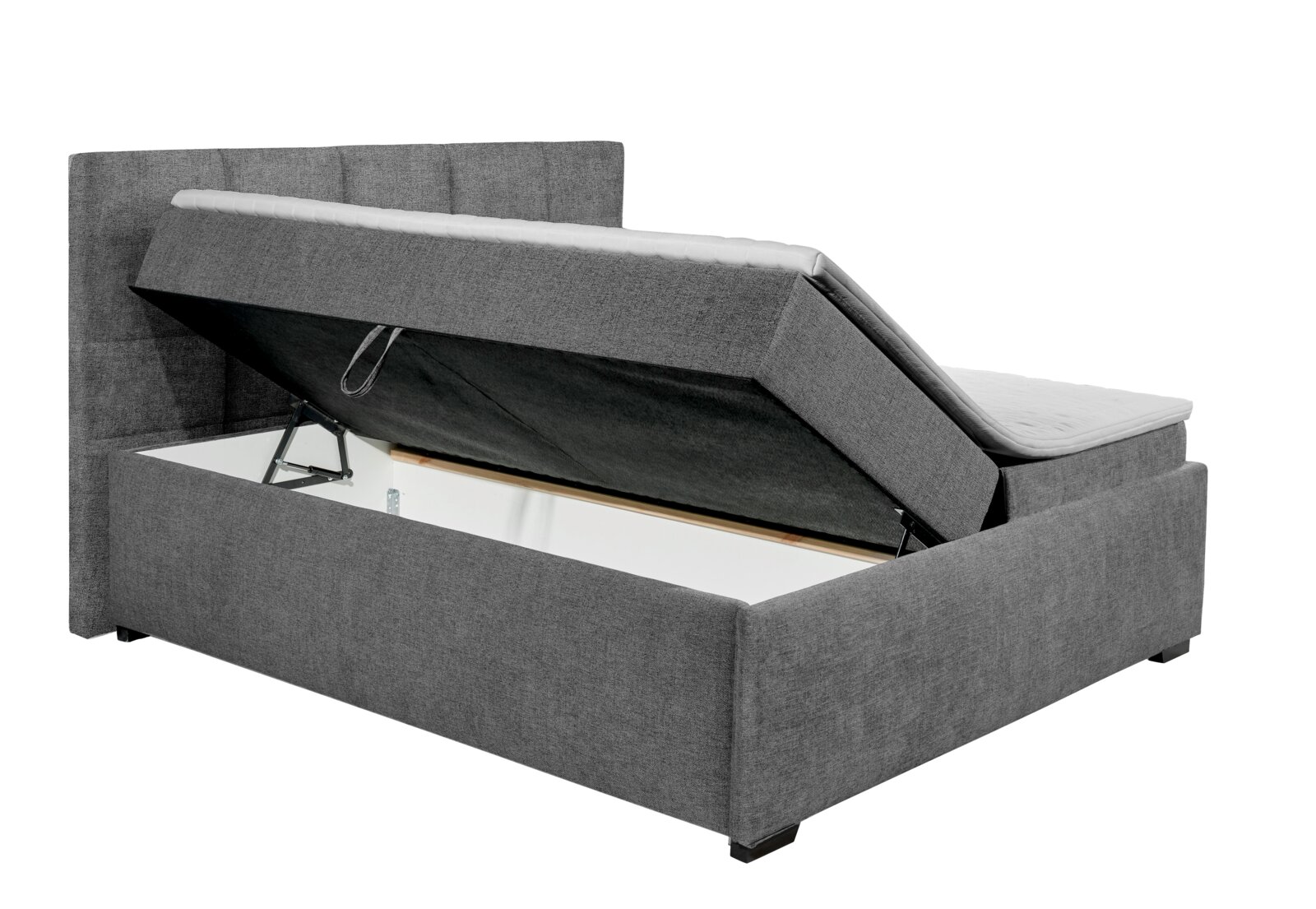 Graues Polsterbett mit hochgeklappter Matratze und Stauraum, seitliche Perspektive