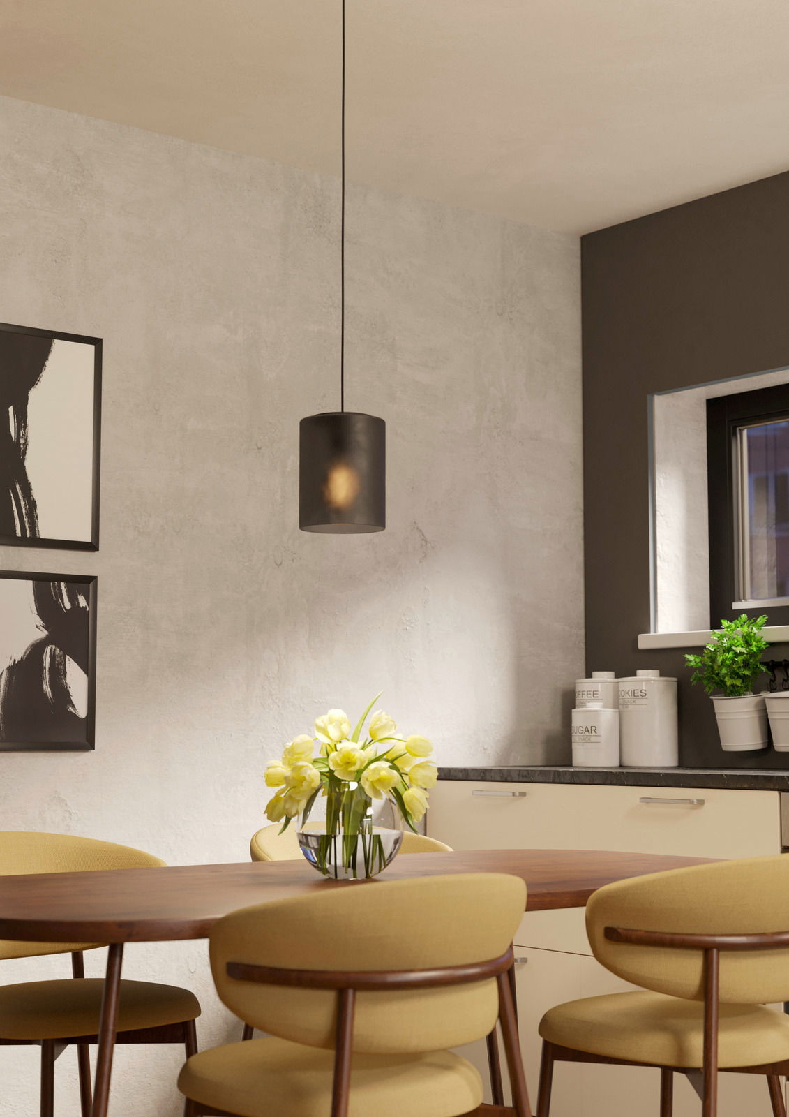 Eglo Leuchten Pendelleuchte COLOMERA Moderne schwarze Pendelleuchte COLOMERA in einem stilvollen Esszimmer, seitliche Perspektive