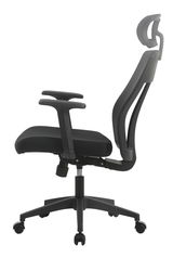 Moderner schwarzer Drehstuhl mit Armlehnen und Kopfstütze, Seitenansicht